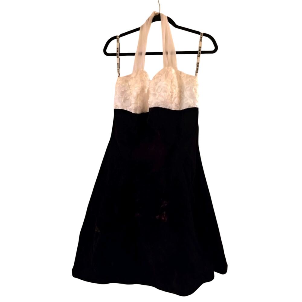 Vtg 80s Velvet And Satin Floral Embroidered  Halter Dress Zum Zum Black White 13